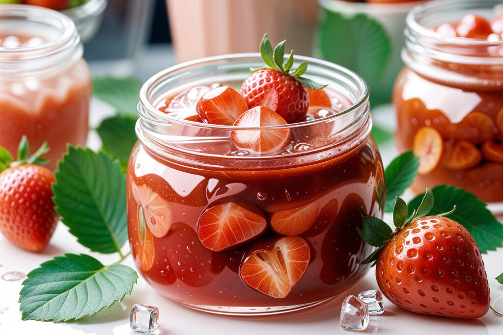 Jar of red liquid with strawberries and leaves