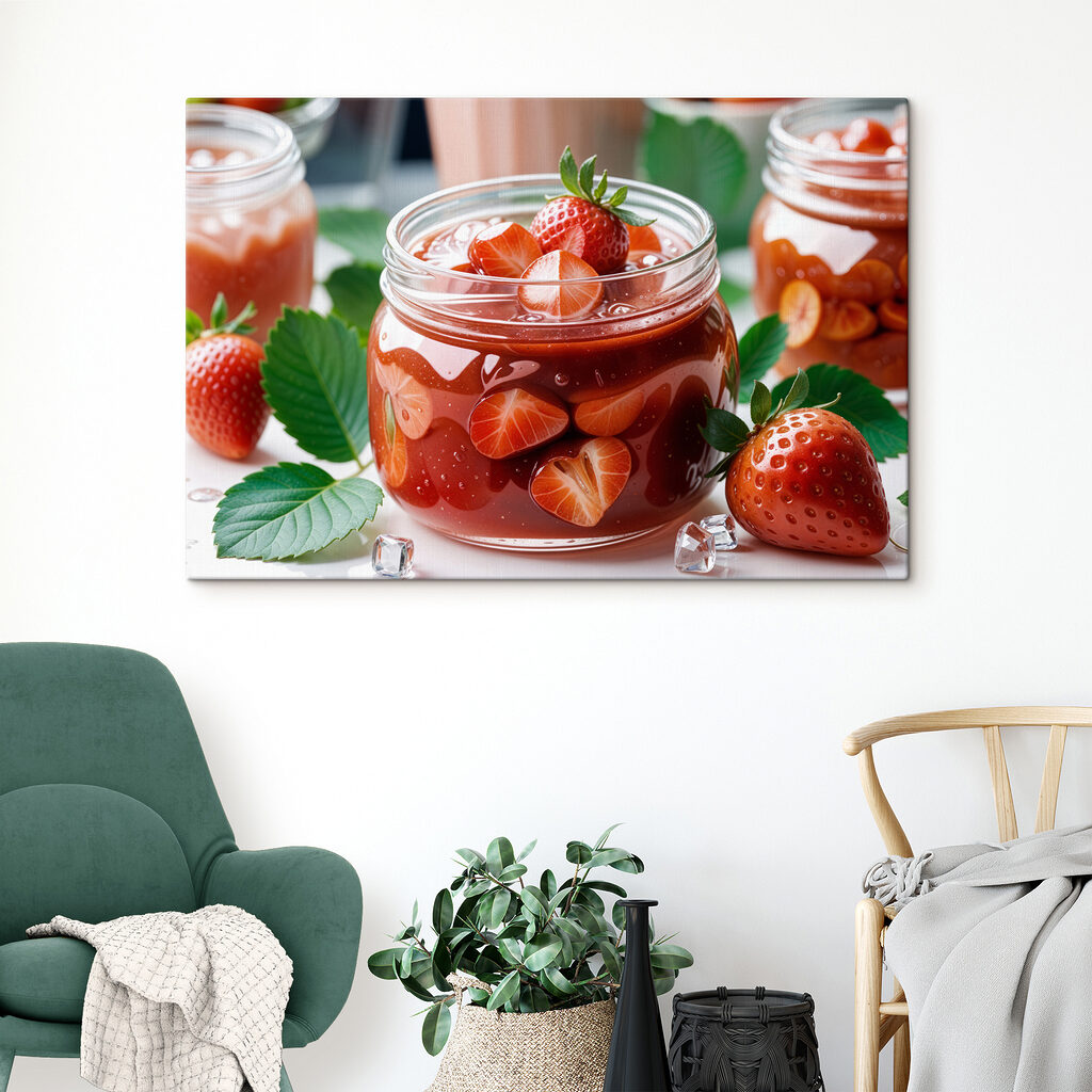 Jar of red liquid with strawberries and leaves