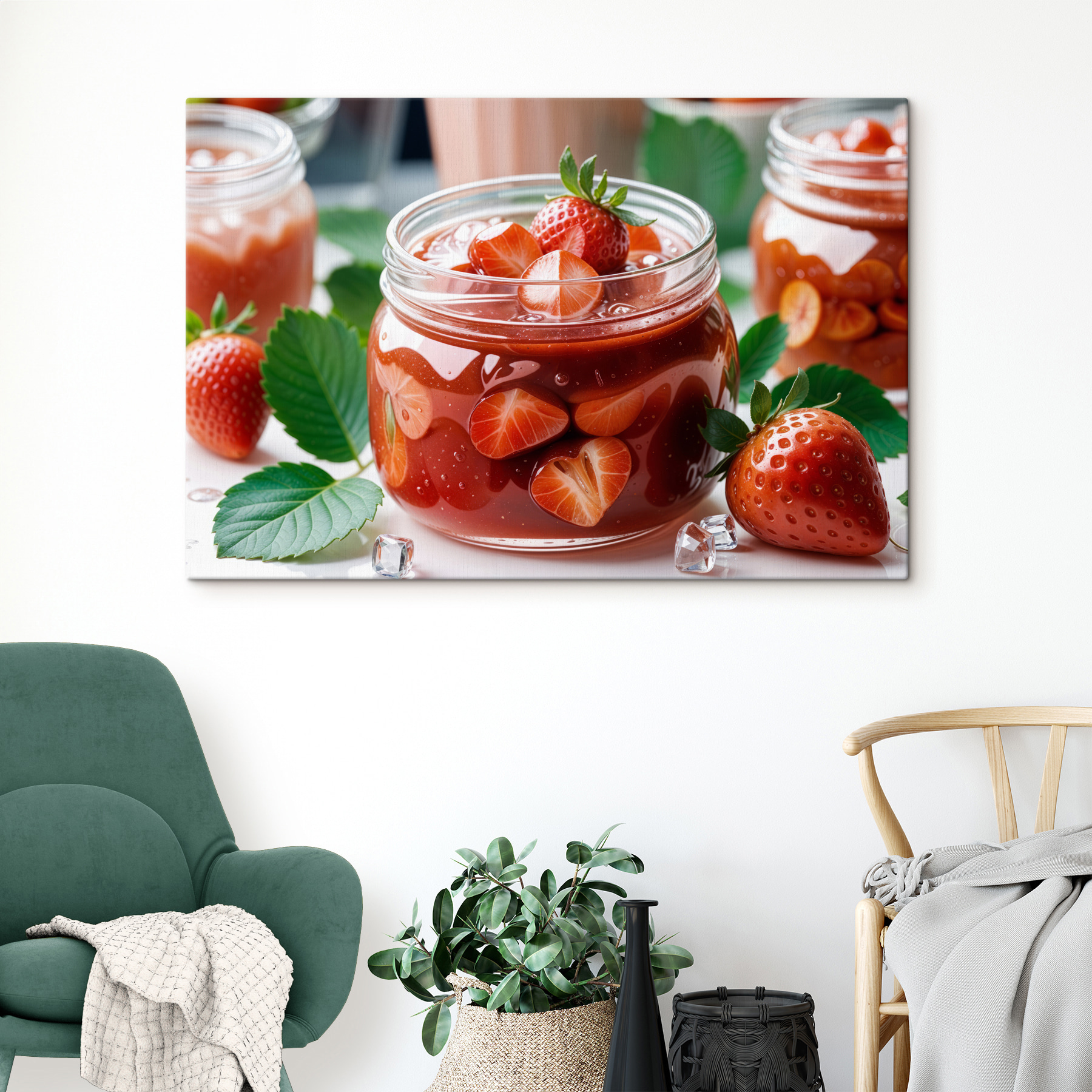 Jar of red liquid with strawberries and leaves