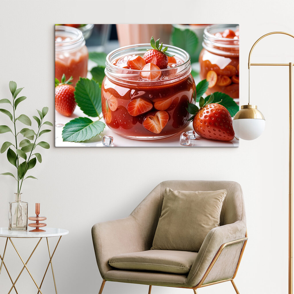 Jar of red liquid with strawberries and leaves