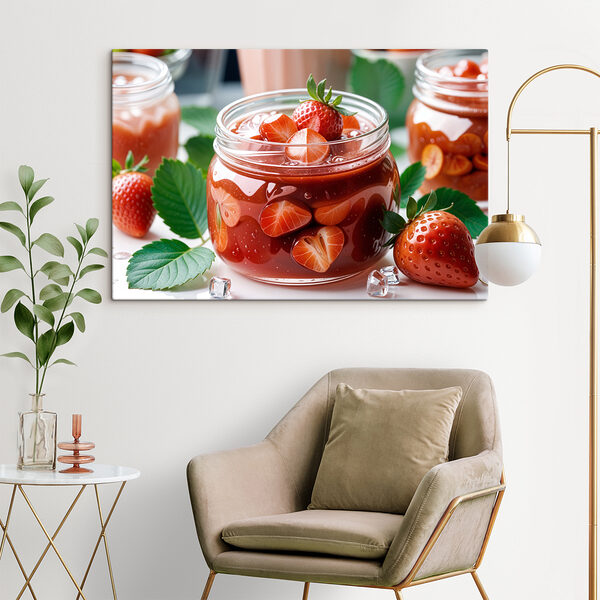 Jar of red liquid with strawberries and leaves