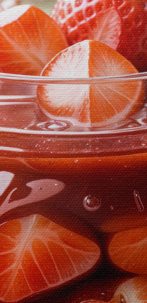 Jar of red liquid with strawberries and leaves