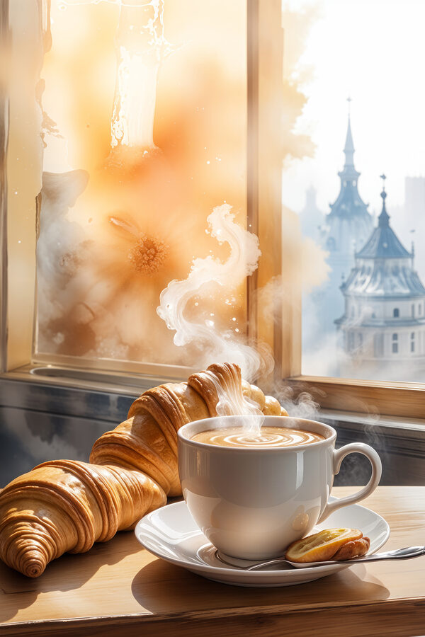 Cup of coffee and croissants on a table Cup of coffee and croissants on a table