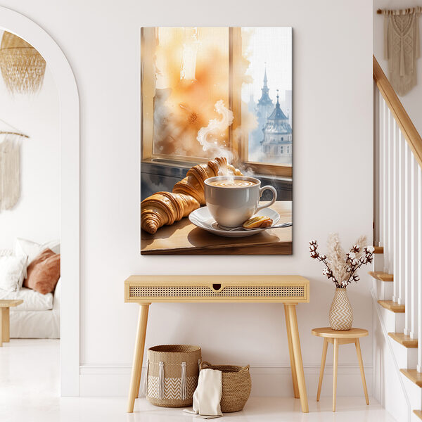 Cup of coffee and croissants on a table Cup of coffee and croissants on a table