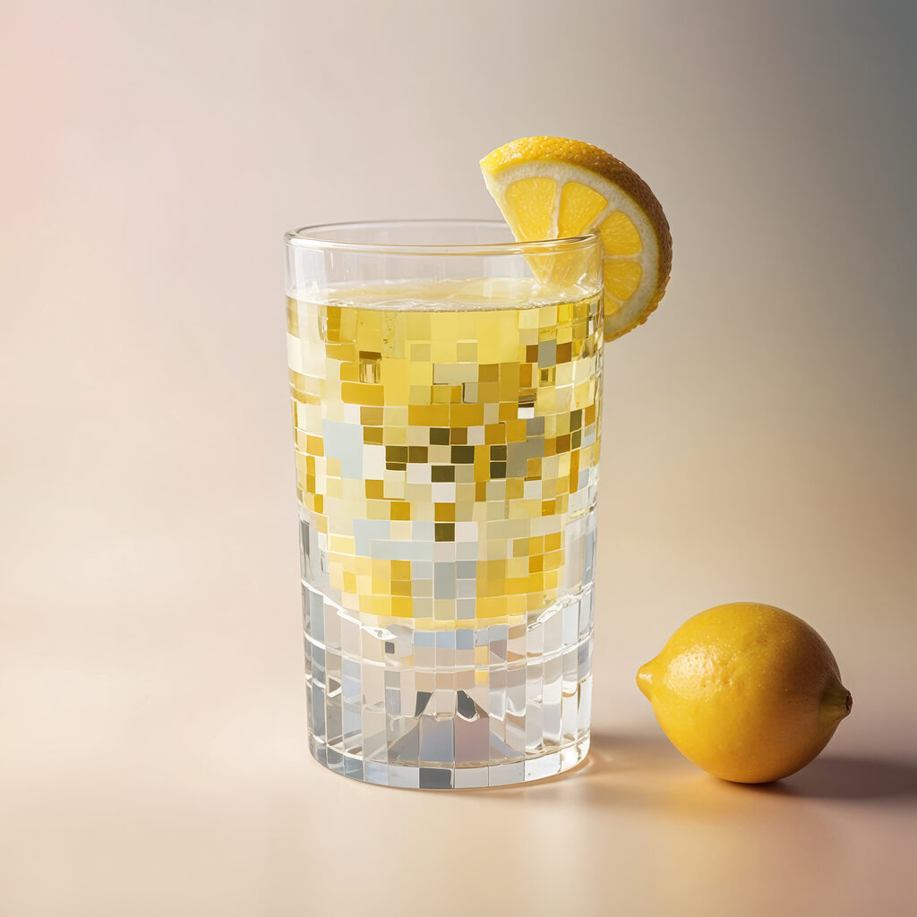 Glass of liquid with a lemon wedge and a lemon on the side Glass of liquid with a lemon wedge and a lemon on the side