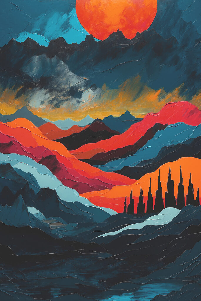 Painting of mountains with colorful hills