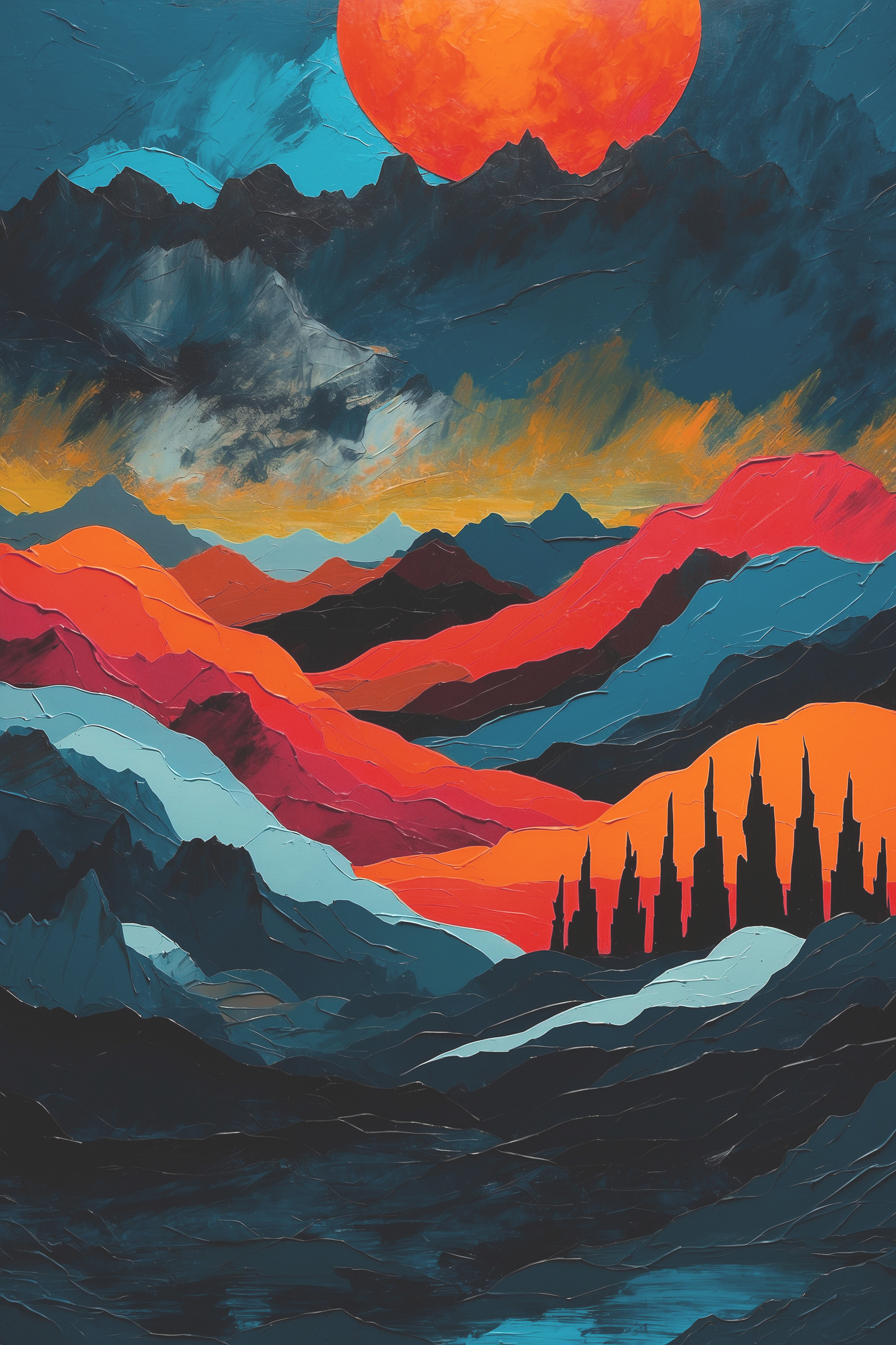 Painting of mountains with colorful hills