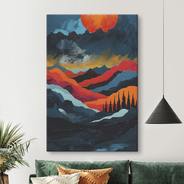 Painting of mountains with colorful hills