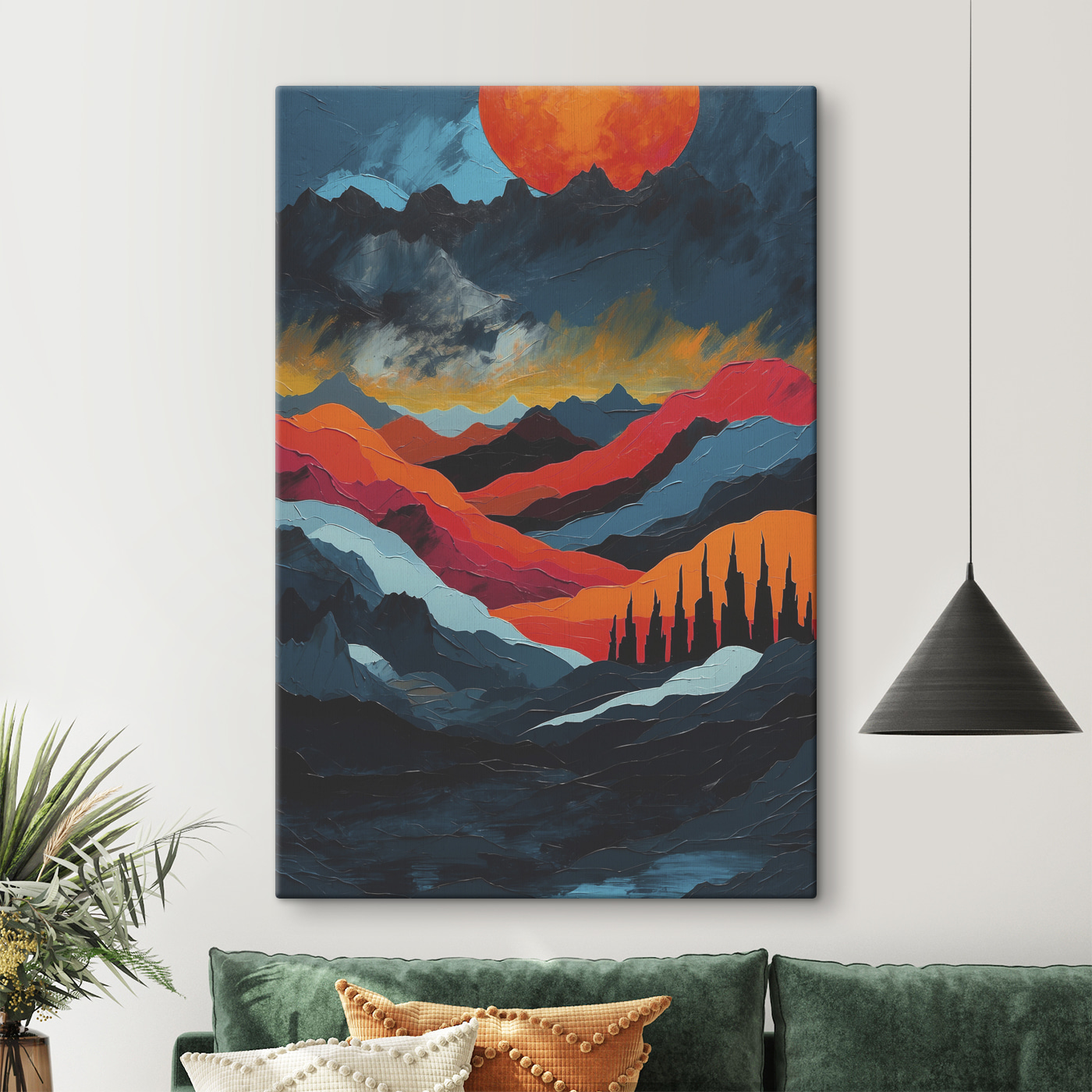 Painting of mountains with colorful hills