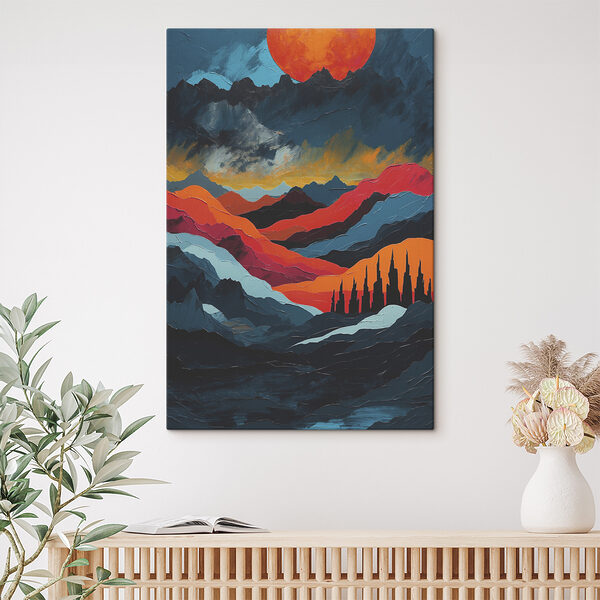 Painting of mountains with colorful hills