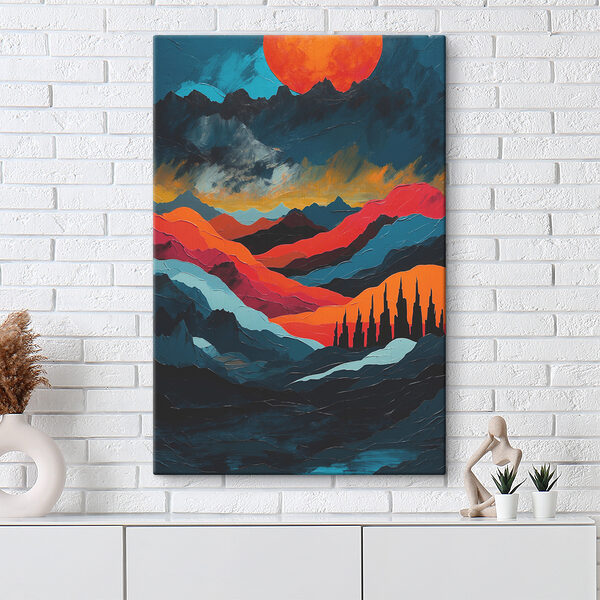 Painting of mountains with colorful hills
