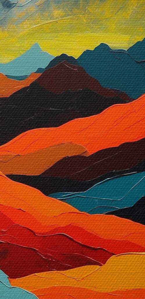 Painting of mountains with colorful hills