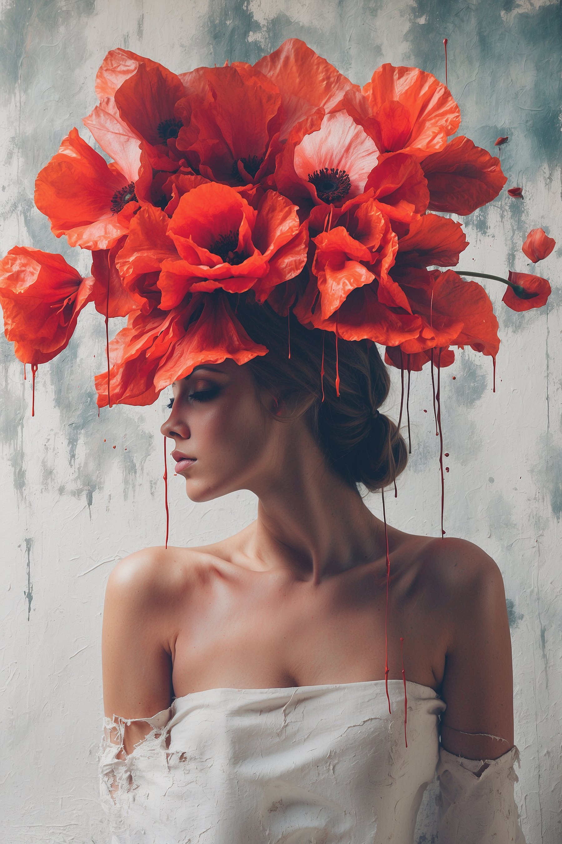 Woman with red flowers on her head Woman with red flowers on her head