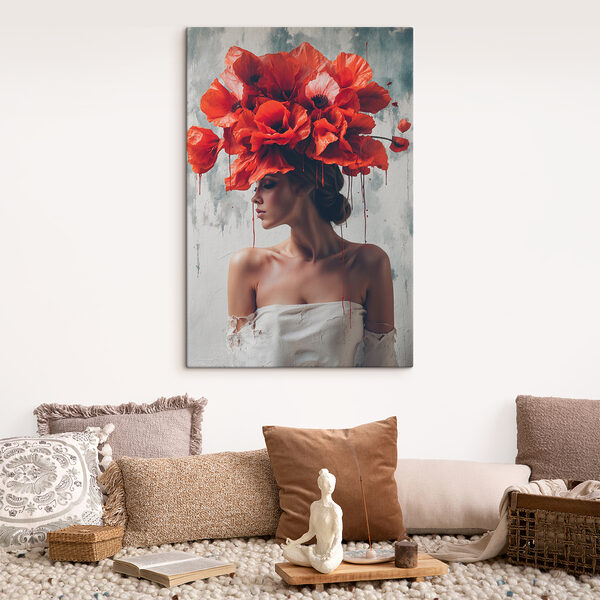 Woman with red flowers on her head Woman with red flowers on her head