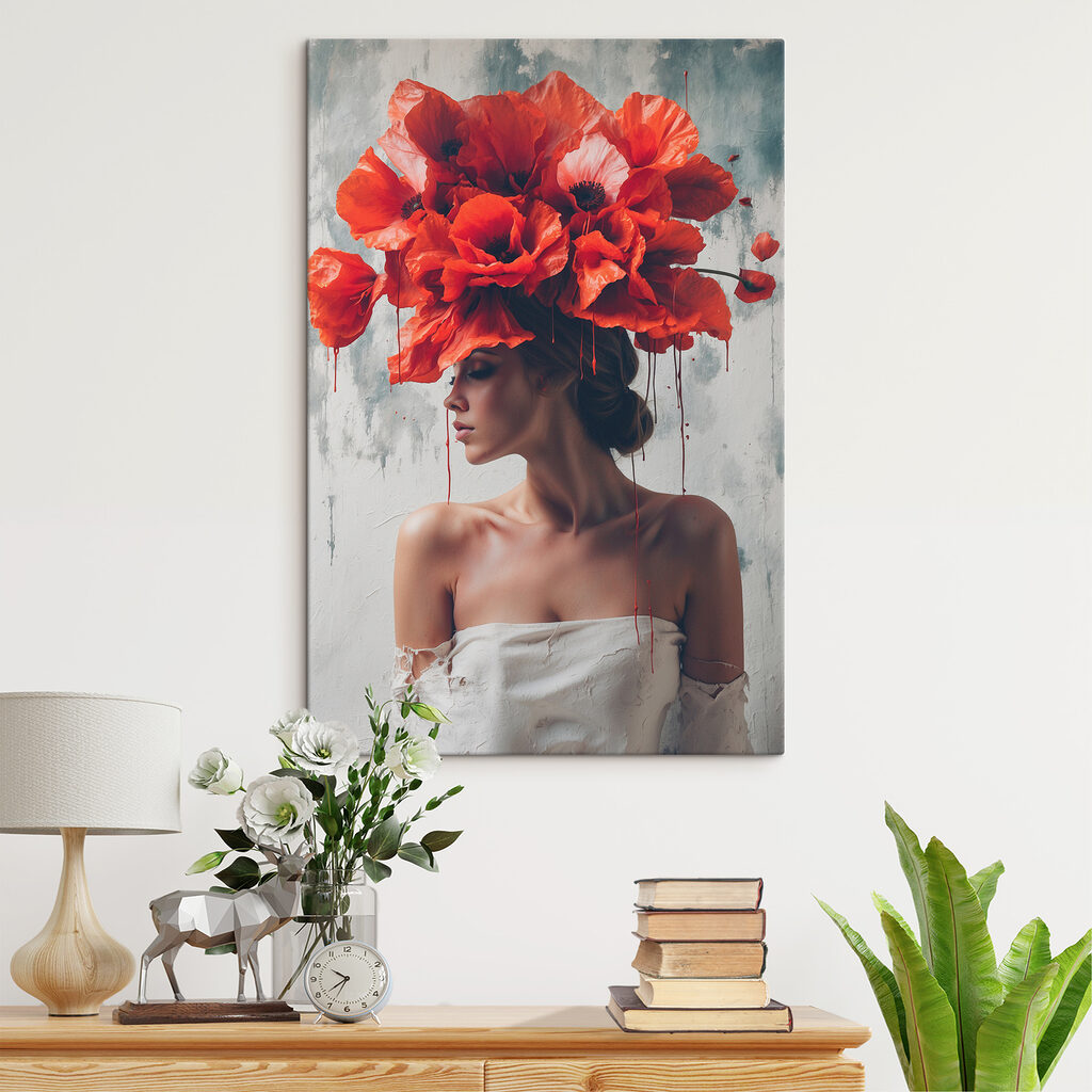 Woman with red flowers on her head Woman with red flowers on her head