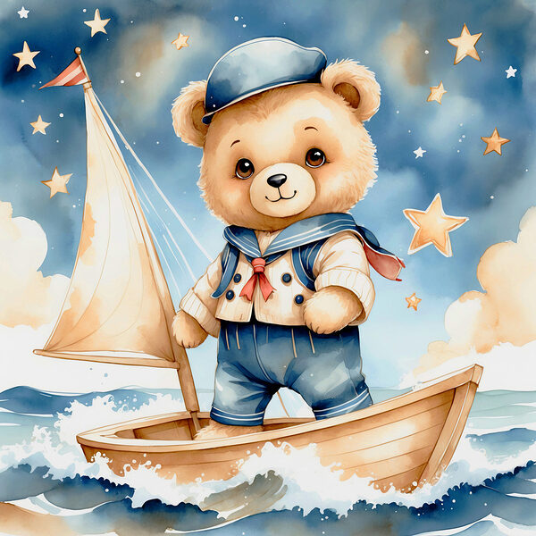 Teddy bear in a sailor outfit on a boat Teddy bear in a sailor outfit on a boat