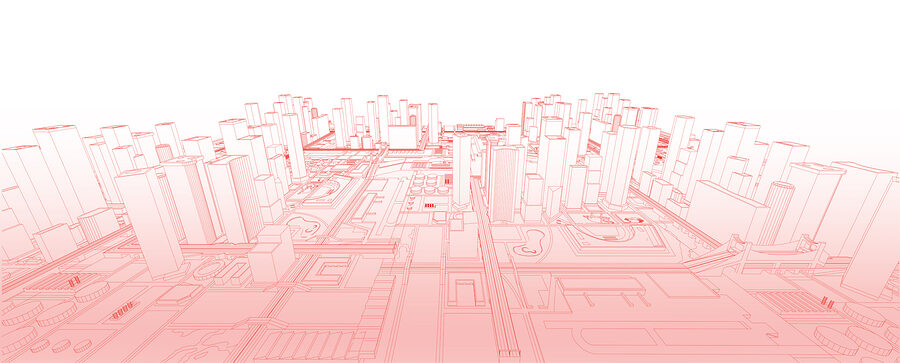 Disegno a linee rosse di una città Disegno a linee rosse di una città