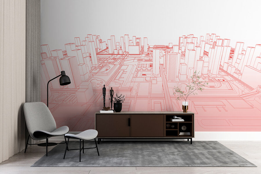 Disegno a linee rosse di una città Disegno a linee rosse di una città