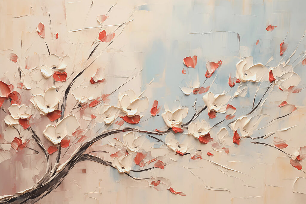Pittura di un albero con fiori bianchi Pittura di un albero con fiori bianchi
