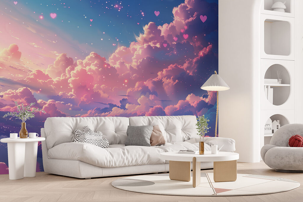 Colorful sky with clouds and hearts