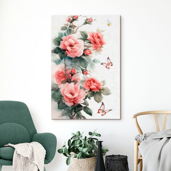 Quadri Quadri Dipinto raffigurante fiori rosa e una farfalla (COD: s40509)