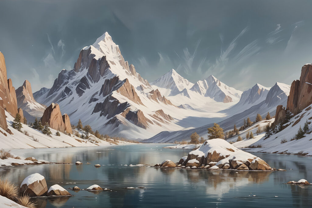 Snowy mountain range with a lake Snowy mountain range with a lake