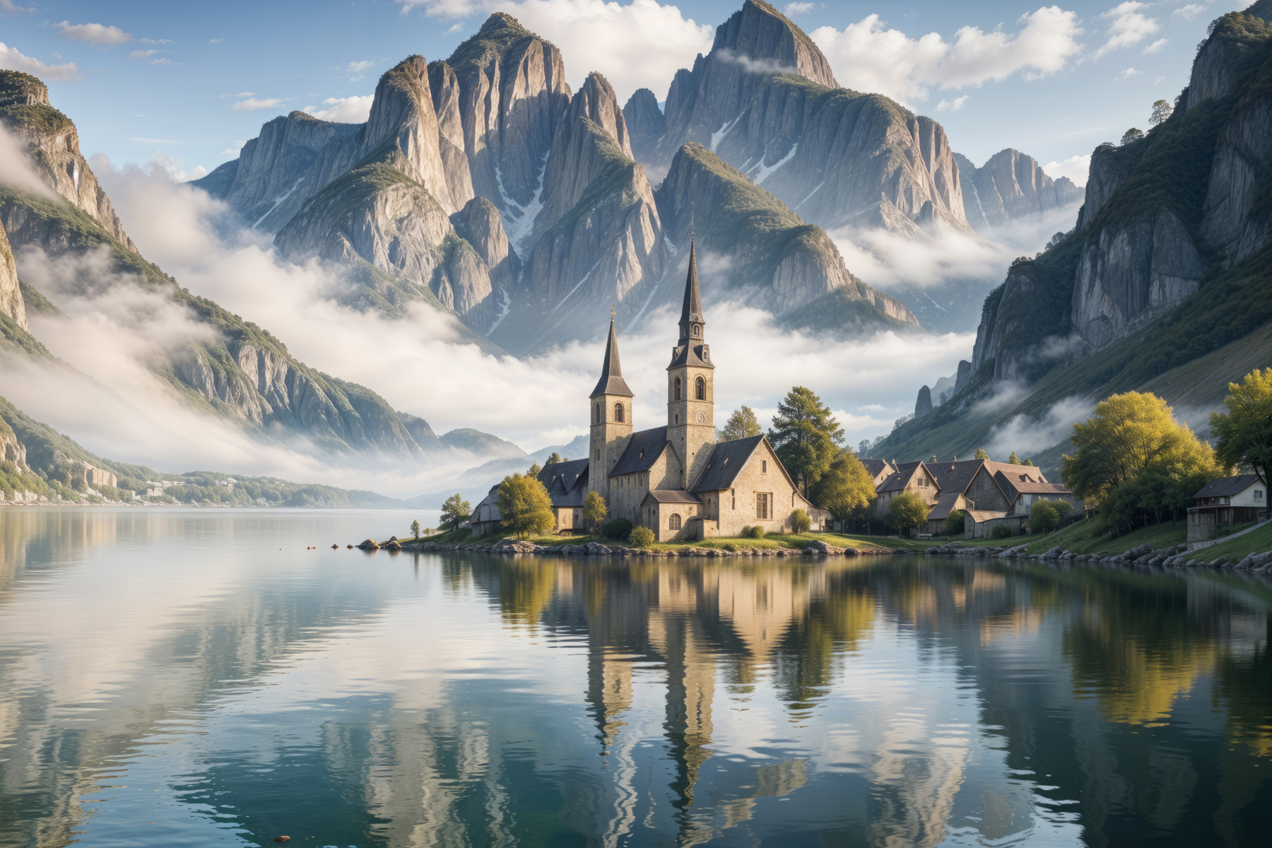 Building on a small island with a lake and mountains in the background Building on a small island with a lake and mountains in the background