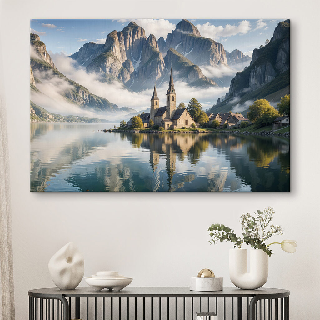Building on a small island with a lake and mountains in the background Building on a small island with a lake and mountains in the background