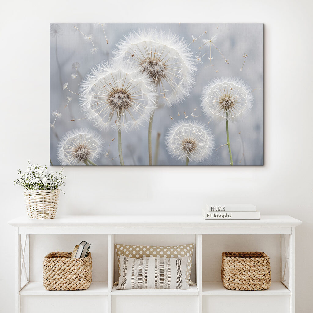 Group of dandelions with seeds flying Group of dandelions with seeds flying