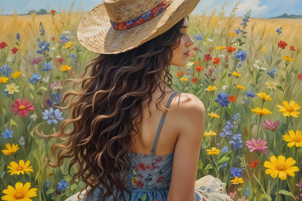 Woman in a hat in a field of flowers Woman in a hat in a field of flowers