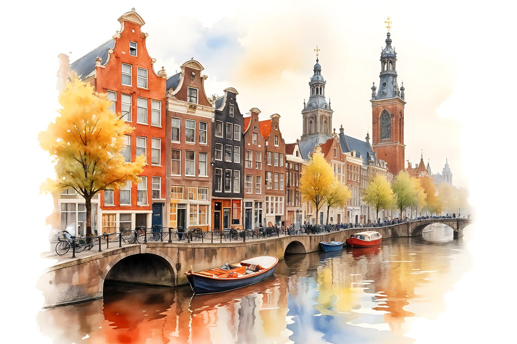 Watercolor of a canal with boats and buildings