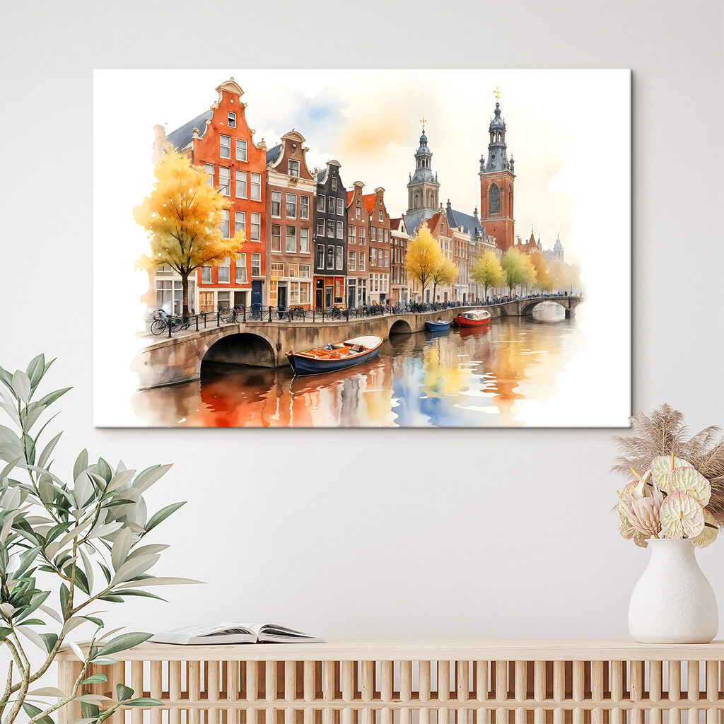 Watercolor of a canal with boats and buildings