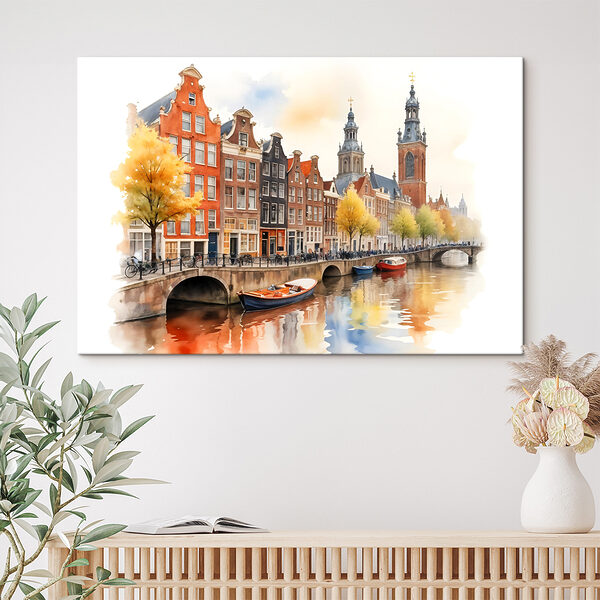Watercolor of a canal with boats and buildings