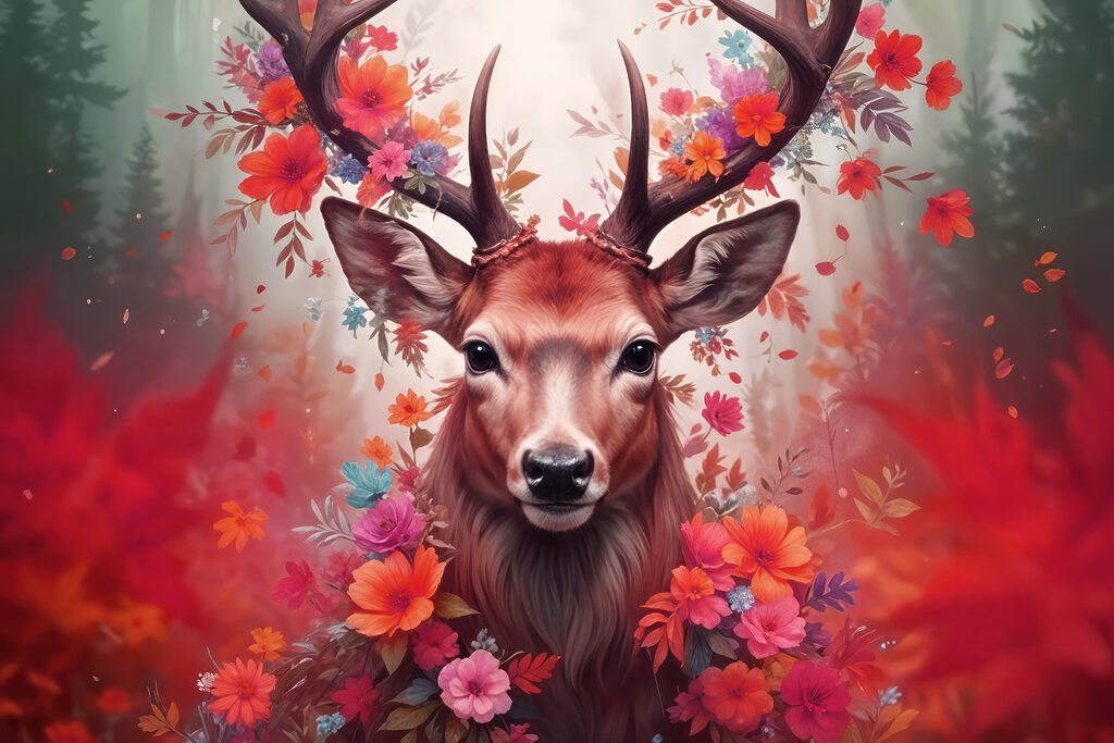 Deer with antlers surrounded by flowers Deer with antlers surrounded by flowers