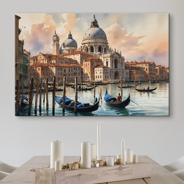 Quadri Gruppo di gondole su uno specchio d'acqua con un grande edificio sullo sfondo (COD: s40573) Quadri Quadri Gruppo di gondole su uno specchio d'acqua con un grande edificio sullo sfondo (COD: s40573)