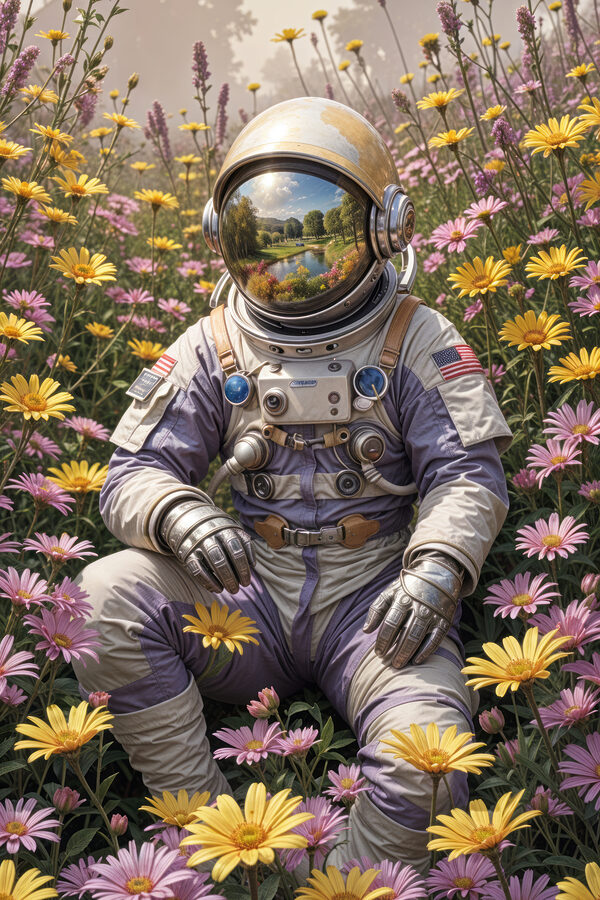 Astronaut sitting in a field of flowers