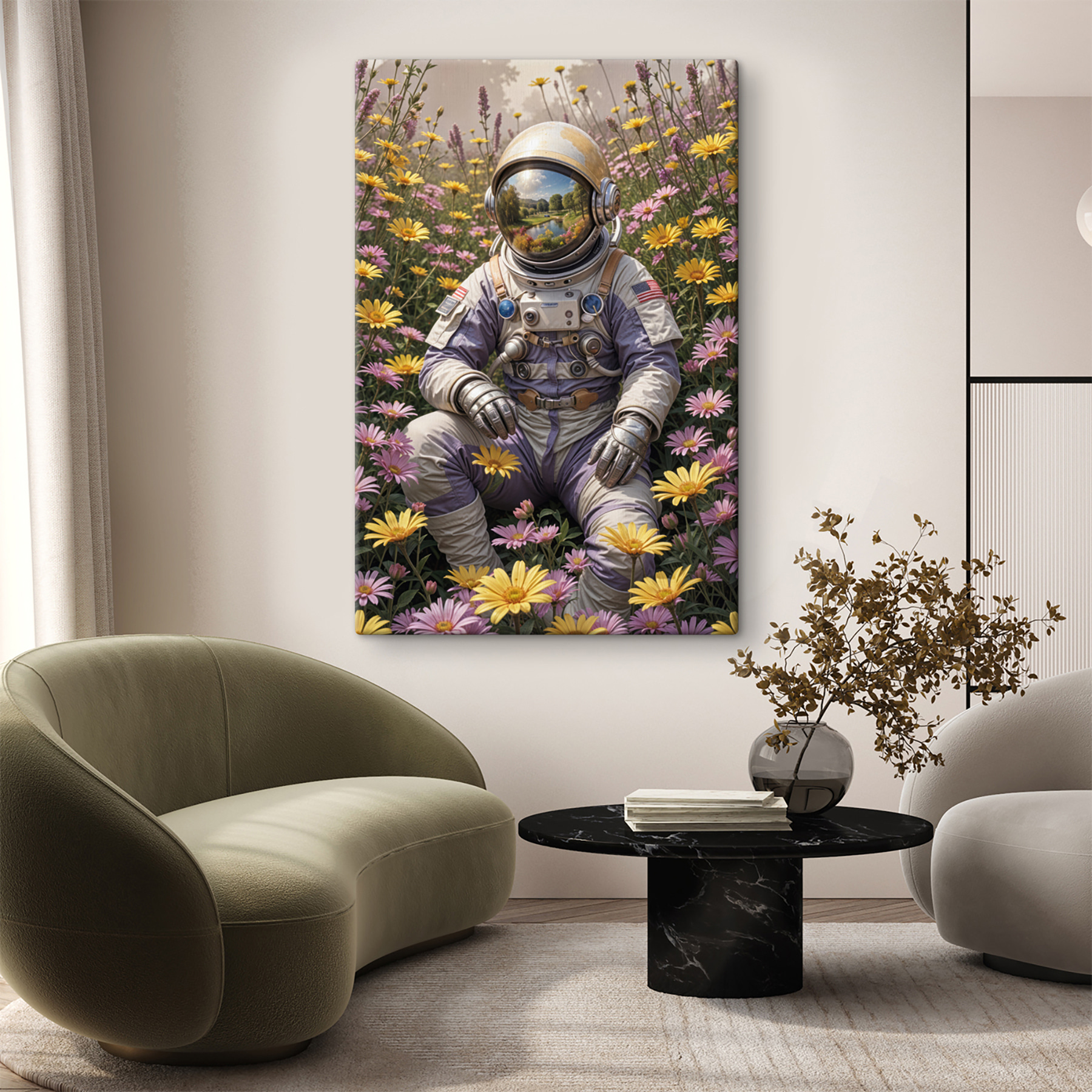 Astronaut sitting in a field of flowers