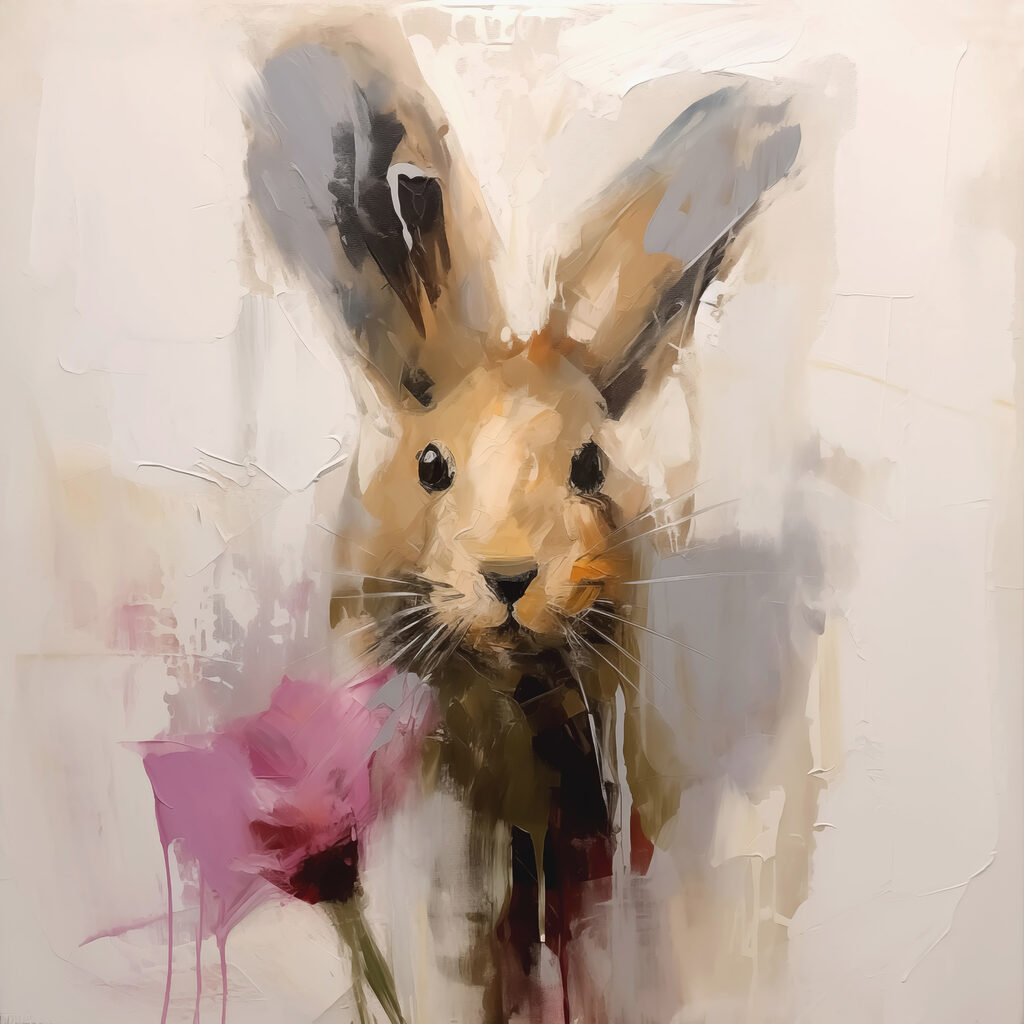 Painting of a rabbit holding a flower Painting of a rabbit holding a flower