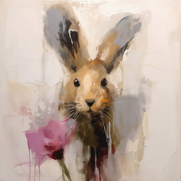 Painting of a rabbit holding a flower Painting of a rabbit holding a flower