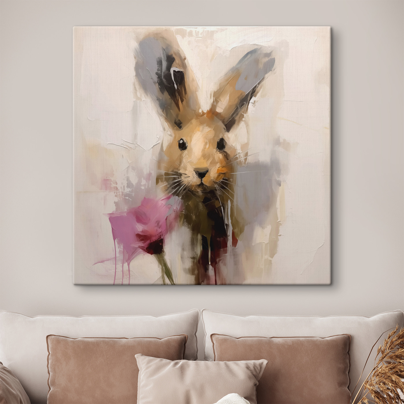 Painting of a rabbit holding a flower Painting of a rabbit holding a flower