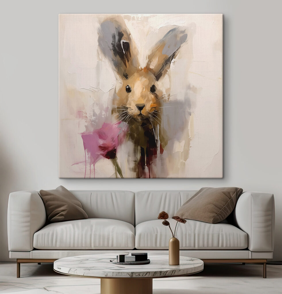 Painting of a rabbit holding a flower Painting of a rabbit holding a flower