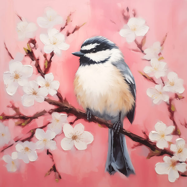 Bird on a branch with white flowers