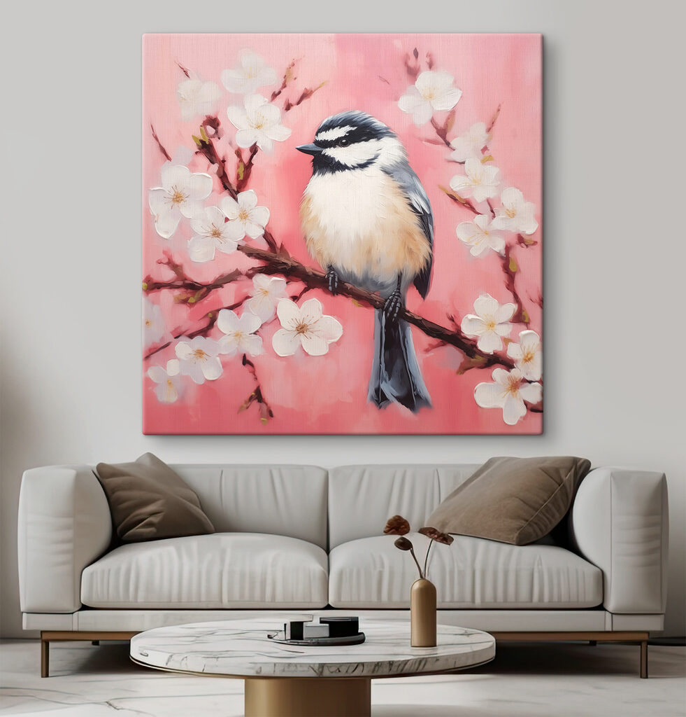 Bird on a branch with white flowers