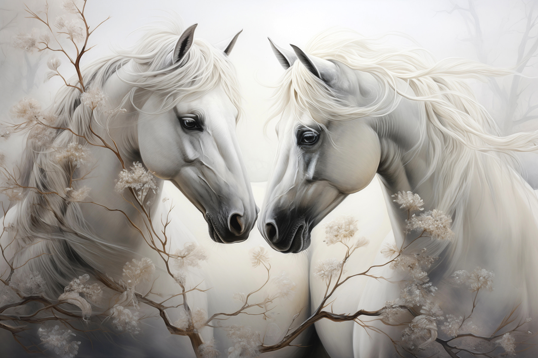 Two white horses with long manes Two white horses with long manes