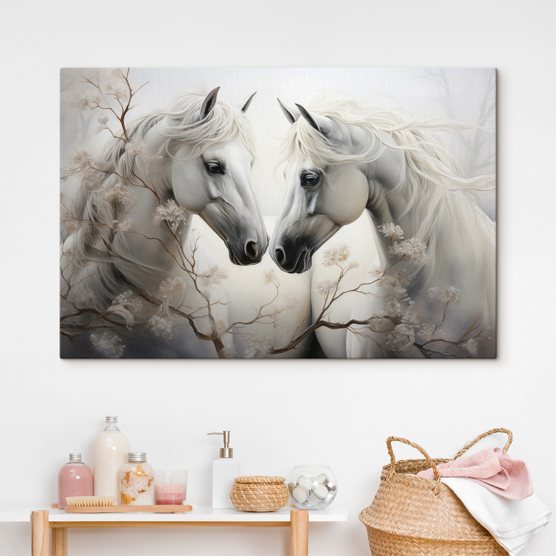 Two white horses with long manes Two white horses with long manes