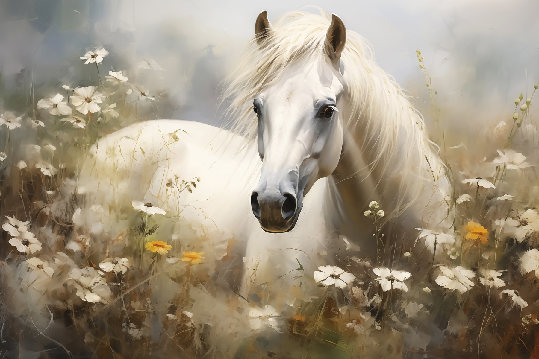 White horse in a field of flowers White horse in a field of flowers