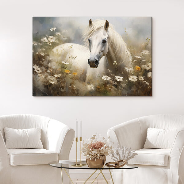 Quadri Quadri Un cavallo bianco in un campo di fiori (COD: s40533)