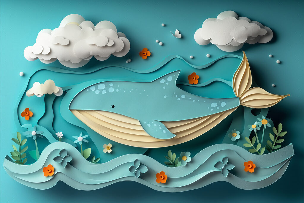 Balena di carta ritagliata nell'oceano Balena di carta ritagliata nell'oceano