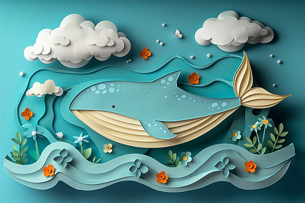 Balena di carta ritagliata nell'oceano Balena di carta ritagliata nell'oceano