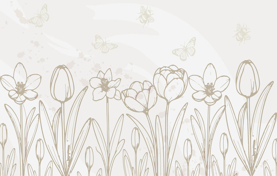 Disegno al tratto di fiori e farfalle